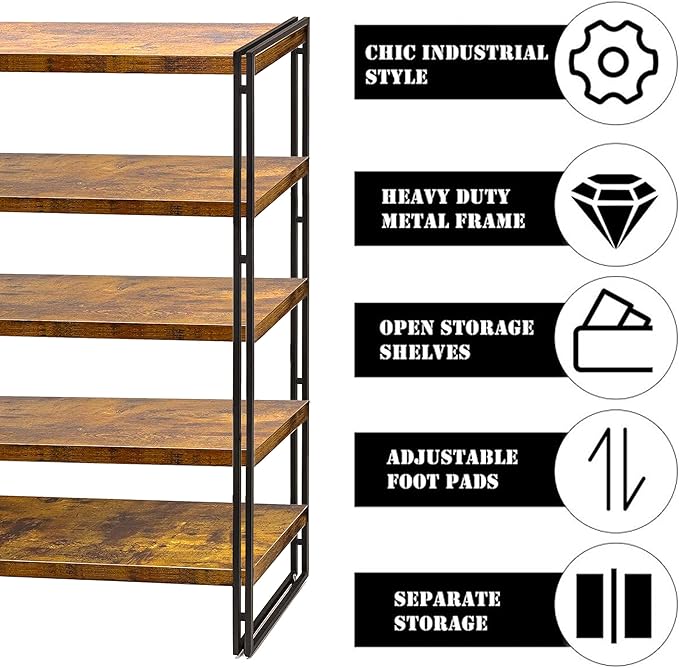47" 5-Tier Bookshelf Rustic Wood and Metal Industrial Bookshelf for Home Office, Bedroom, Kitchen, Bathroom (Rustic Brown, 5-Tier)