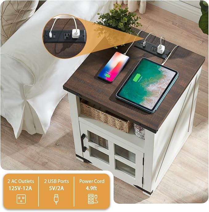 Farmhouse Nightstand with Charging Station, Rustic End Table with Tempered Glass Barn Door, Wood Sofa Side Bedside Table with Open Storage Shelf for Living Room, Bedroom, White, 2 Pack