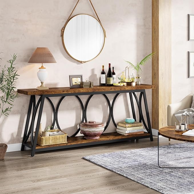 Tribesigns 70.9 inch Extra Long Console Table, Industrial Sofa Table Behind Couch with 2 Tier Storage Shelf, Narrow Entryway Hallway Accent Table for Living Room, Rustic Brown