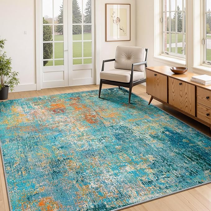Washable Area Rugs 3'x5' Non-Slip Modern Abstract Soft for Living Room Entryway Bedroom Nursery, Print Pattern, Teal Blue Green Orange Rust Red Colorful