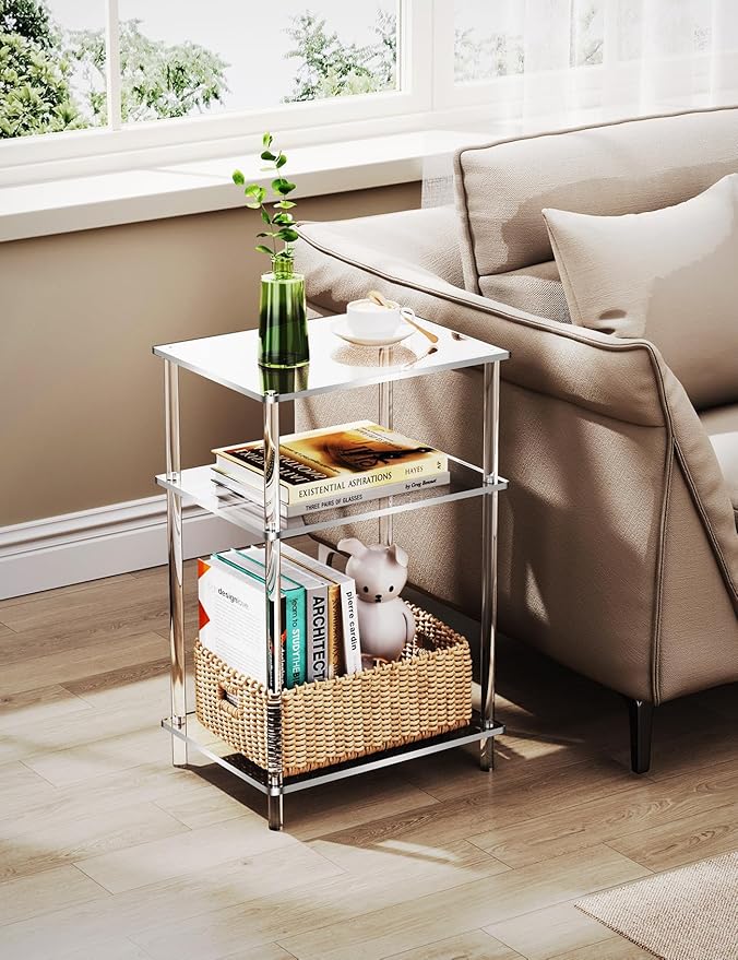 Acrylic Side Table Clear 3-Tier End Table for Living Room, Office, Hallway, Bedroom Small Bedside Table