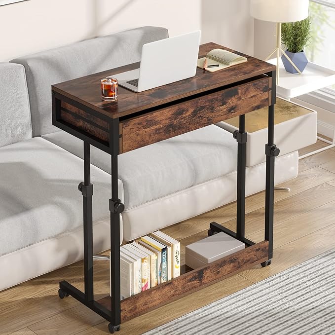 Tribesigns Portable Desk with Drawers, Mobile Laptop Desk with Wheels, Sofa Side Table Small Portable Standing Rolling Table for Home Office