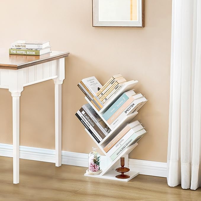 Hoctieon 4 Tier Tree Bookshelf, 4 Shelf Bookcase, Free Standing Tree Bookcase, Display Floor Standing Shelf for Books, Book Organizer Shelves for Home Office, Living Room, Bedroom, White