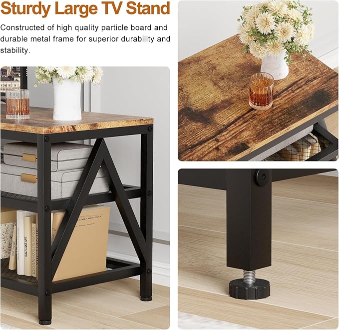 TV Stand for TVs up to 75 Inch, 70" Long Industrial TV Console Table with 3-Tier Storage Shelves, Entertainment Center for Living Room, Bedroom (Rustic Brown)