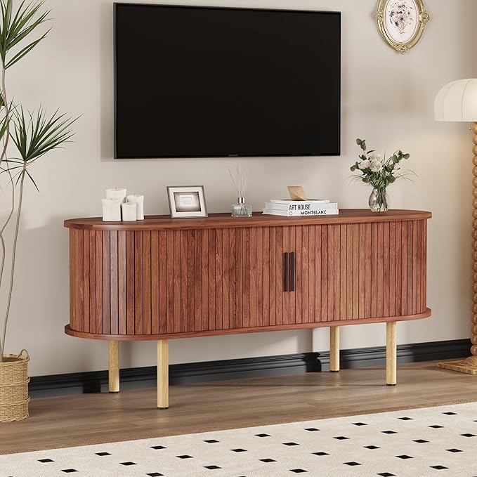 GarveeHome 47.2" TV Stand, Modern TV Console Table with Storage Compartment and Sliding Door, Gaming Entertainment Center with Cabinet for Living Room, Bedroom, Office, Walnut