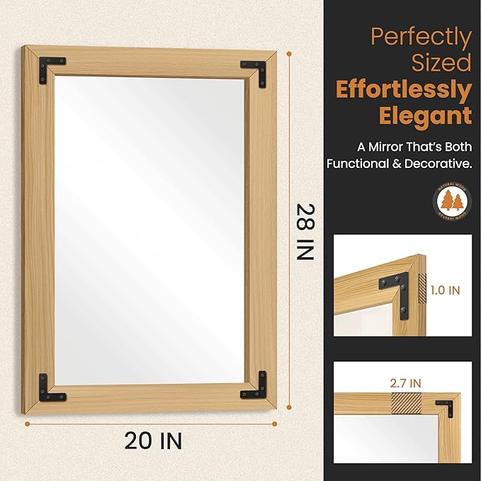 Bathroom Mirror for Wall with Wooden Frame, 20"x28" Solid Wood Vanity Mirror for Farmhouse, Bathroom, Bedroom, Vertical or Horizontal Hanging(Natural)