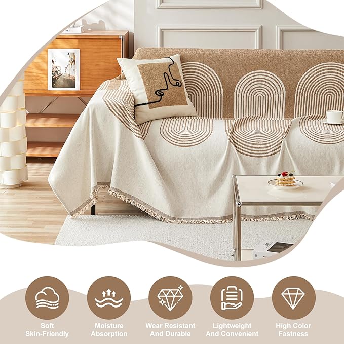 STACYPIK Modern Beige Geometric Couch Cover for Dog Boho Reversible Sofa Covers for 3 Cushion Couch Washable Furniture Protector Chenille Sofa Slipcover Loveseat Cover Multi-Use Throw Blanket-71X150IN
