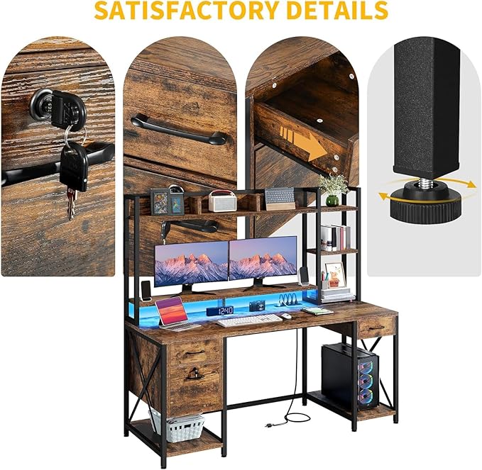 DWVO Computer Desk with Drawers & Hutch, 59.1" Office Desk with Power Outlets & LED Lights, Home Office Desk with Storage Shelves, Rustic Brown