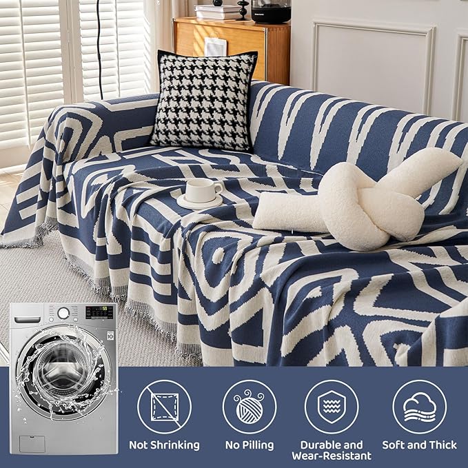 STACYPIK Boho Chenille Couch Cover, Blue Jacquard Sofa Cover for 3 Cushion Couch, Reversible Furniture Protector, Anti Slip Geometric Couch Covers for Sectional, Loveseat Cover Pet-Friendly-71X134IN