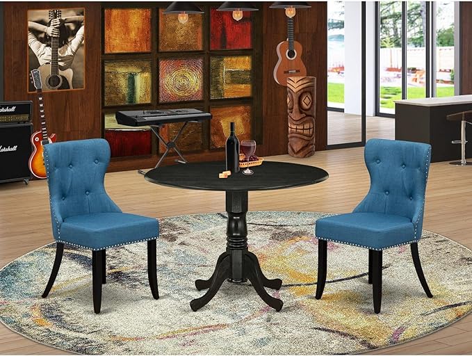 East West Furniture DLSI3-ABK-21 3 Piece Modern Dining Table Set Contains a Round Wooden Table with Dropleaf and 2 Blue Linen Fabric Upholstered Parson Chairs, 42x42 Inch, Wirebrushed Black