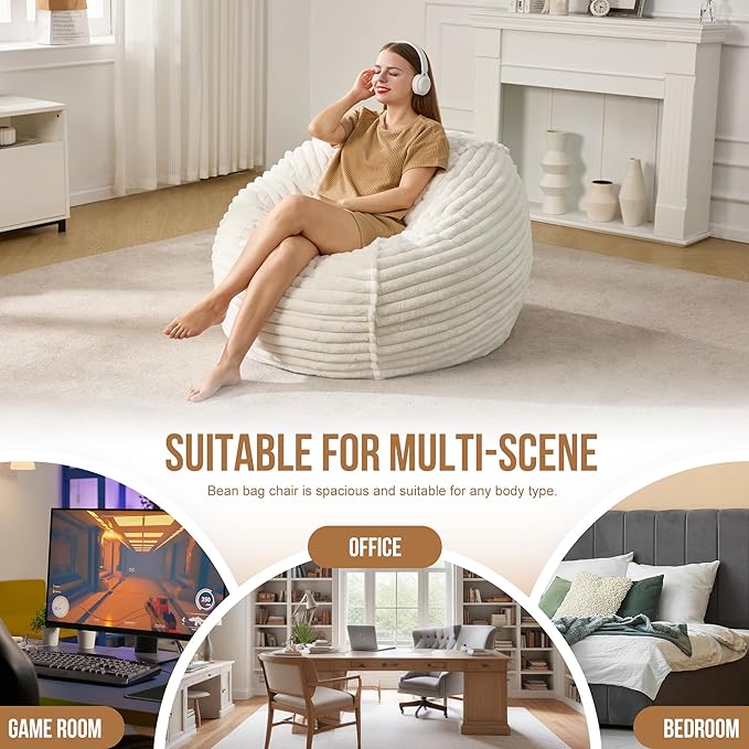 Hobestluk 3ft Bean Bag Chairs for Adults Large Beanbag Chair with Stripe Plush Cover Big Bean Bag Chair for Living Room Bedroom Dorm Office - White (36” x 36” x 22”)