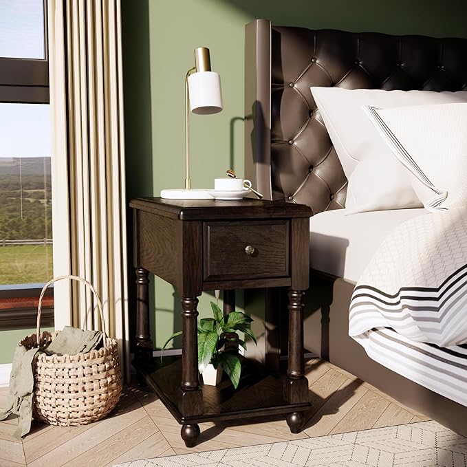 LEEMTORIG Solid Wood End Table Narrow Side Table with Drawer, Cherry Wood End Table Living Room, 13" W Slim Bedside Table Small Nightstand, 22" D x 22.7" H, No-Tools Assembly, Rustic Black BBJ-004-BK