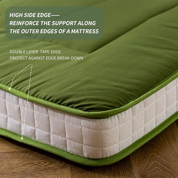 MAXYOYO Futon Mattress, Padded Japanese Floor Mattress Quilted Bed Mattress Topper, Extra Thick Folding Sleeping Pad Breathable Floor Lounger Guest Bed for Camping Couch, Green, Queen