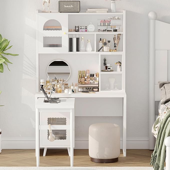 Merax Computer Desk with 90 Degree Rotating Desktop, L Shaped Office Desk with Storage Drawer and Cabinets, Writing Desk with Shelves for Study, Work Desk for Office Bedroom Living Room, White