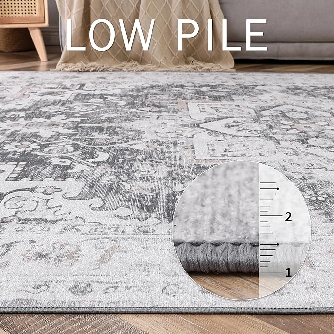 GENIMO Area Rugs 6x9 Machine Washable Rug for Living Room, Non Slip Vintage Indoor Rug, Low Pile Lightweight Chenille Print Carpet for Bedroom Dining Room Home Office