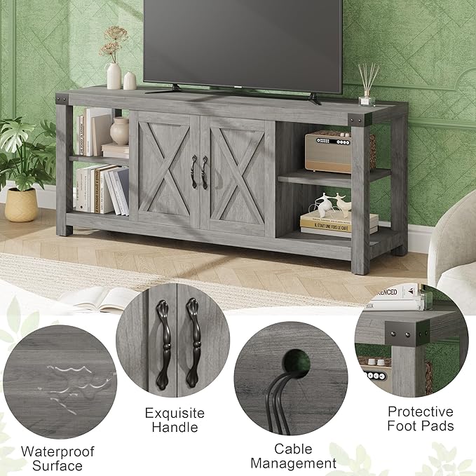 IDEALHOUSE TV Stand for 65 Inch TV, 60 Inch Entertainment Center with Storage, Farmhouse TV Console Table with Shelves,Doors, Modern TV Stand for Living Room, Bedroom - Grey