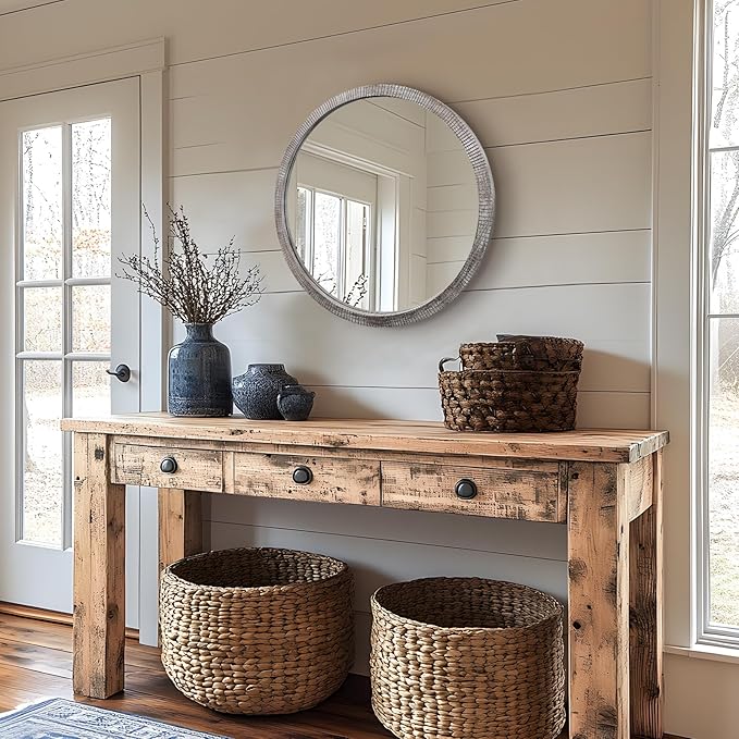 30" Round Wood Mirror, Large Round Mirror with Beveled, Wood Round Mirrors for Wall Decor, Rustic Circle Wall Mirrors for Entryway, Living Room, White Washed Frame