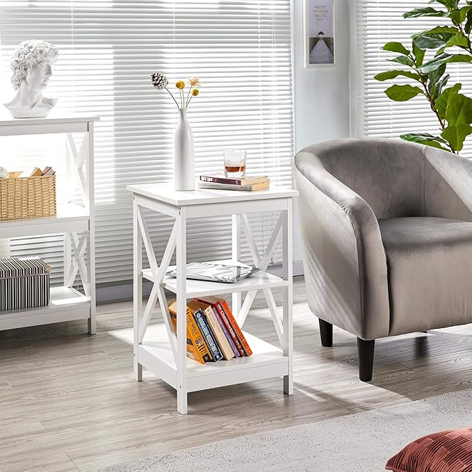 Yaheetech 3 Tier Sofa Side End Table with Shelf, X Shaped Sturdy Large Chair Side Snack Table for Living Room, Display Unit Organizer, White, 15.7 x 15.7 x 24’’ (L x W x H)