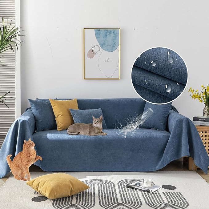 STACYPIK Dark Blue Waterproof Sofa Covers for Sofa Water Resistant Couch Covers Dog Bed Cover Non-Slip Sofa Slipcovers for Kids Pets Washable Furniture Protector Covers for 3 Cushion Couch-71X150IN