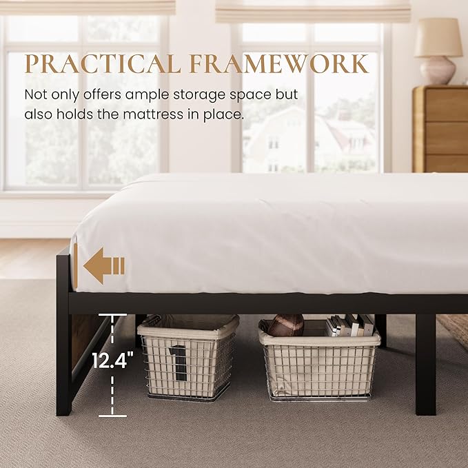 SHA CERLIN Full Size Bed Frame with Modern Headboard, Heavy Duty Platform Metal Base with Square Footboard and 13 Strong Slats Support, No Box Spring Needed, Brown