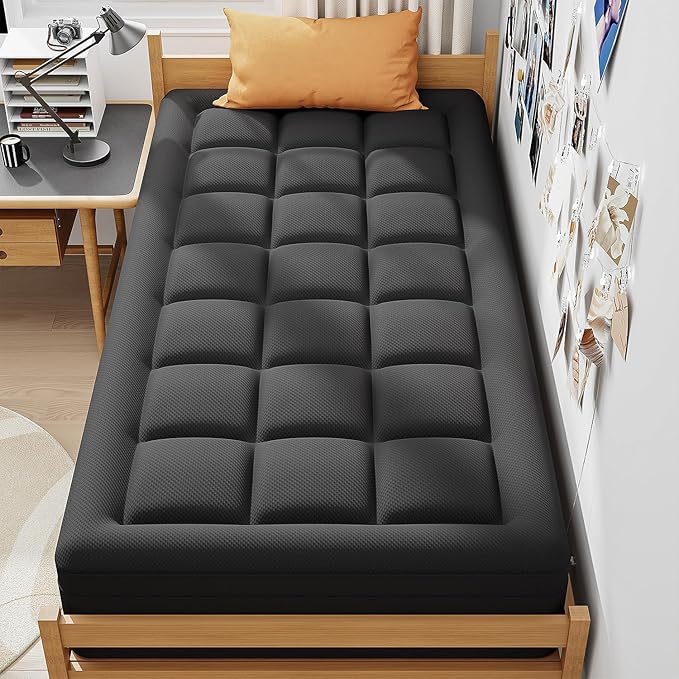 ELEMUSE Dual Layer 3 Inch Memory Foam Mattress Topper Twin, 2 Inch Cooling Gel Memory Foam Plus 1 Inch Down Alternative Pillowtop Mattress Pad with Cooling Cover, Soft Comfort Support, Black