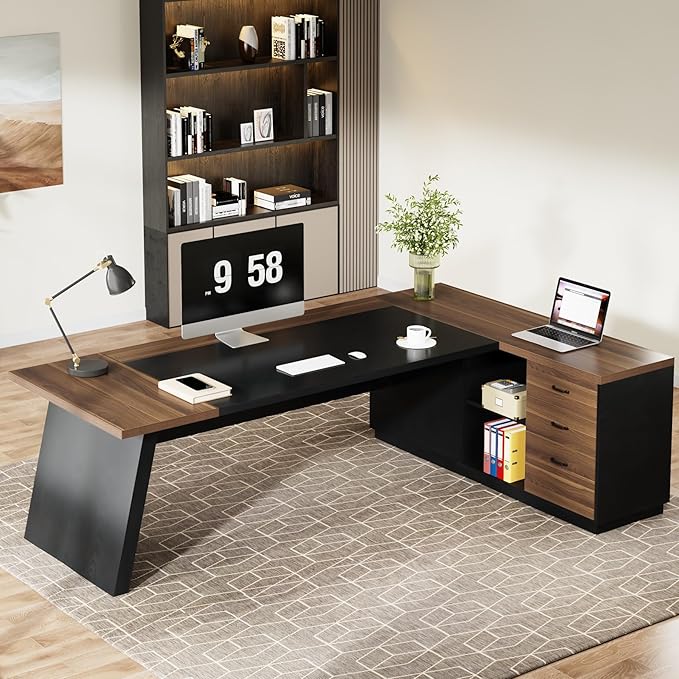 Tribesigns 78" L-Shaped Executive Desk, Large Modern Office Desk with Drawers and File Cabinet, Business Furniture with Storage Shelves, Big Computer Desk for Home Office (Light Walnut + Black)