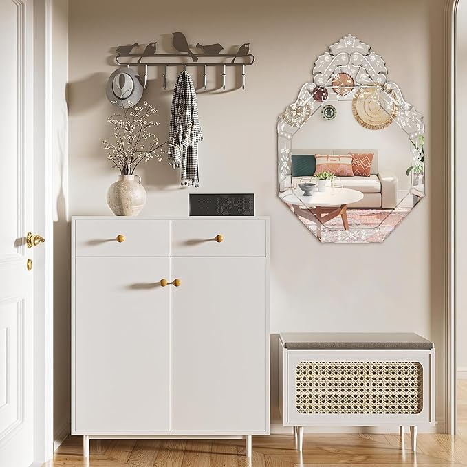 KOHROS Venetian Mirror with Top Crown Arch Floral Etched 32 x 24 Inch Octagonal Bathroom Mirror for Over Sink Frameless Beveled Edge Wall Mirror for Bathroom Vanity Entryway Bedroom