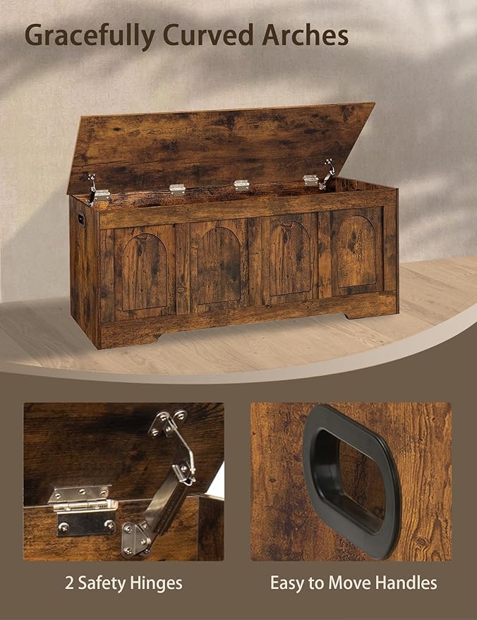 DINZI LVJ Storage Chest, 47.2”Wooden Storage Box with 2 Safety Hinges, Entryway Shoe Bench with Flip-Top, Large Trunk for Living Room, Bedroom, Easy Assembly, Rustic Brown