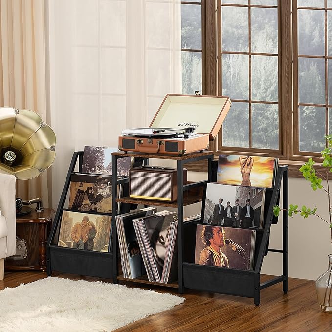 LELELINKY Record Player Stand with Vinyl Storage, 3 Tier Turntable Stand with Display Shelf Storage Up to 180 Albums,Brown End Table Records Cabinet for Media Stereo Speaker, Amplifiers, Magazines