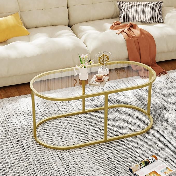 Coffee Table Gold Glass Coffee Tables for Living Room, Oval Table Center Table with Sturdy Metal Frame,Modern Tempered Glass Accent Tables for Bedroom Home Office
