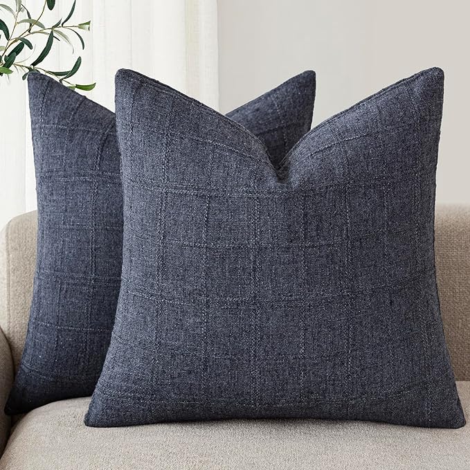 Foindtower Set of 2 Decorative Linen Check Throw Pillow Covers Neutral Farmhouse Vintage Cushion Covers Modern Boho Home Decor for Sofa Chair Couch Bedroom Living Room Outdoor,16×16 Inch,Navy Blue