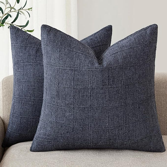 Foindtower Set of 2 Decorative Linen Check Throw Pillow Covers Neutral Farmhouse Vintage Cushion Covers Modern Boho Home Decor for Sofa Chair Couch Bedroom Living Room Outdoor,18×18 Inch,Navy Blue