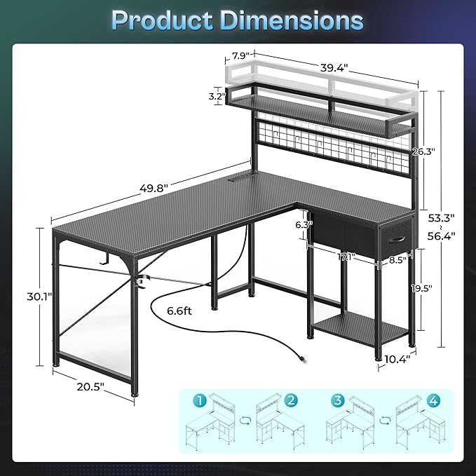 PRAISUN L Shaped Gaming Desk with Shelves, Corner Computer Table with LED Lights, Power Outlets and USB-C Ports, 50 Inch Home Office Desk with Storage Drawer, for Work and Study, Carbon Fiber Black
