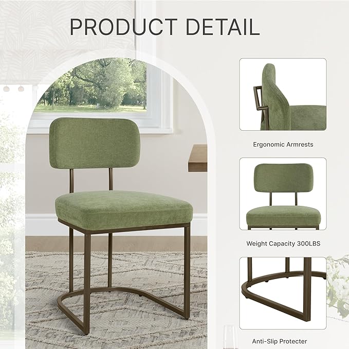 Dining Chairs Set of 2, Upholstered Modern Kitchen Chairs with Ergonomic Backrest, Fabric Cushion Seat & Metal Legs for Living Room, Restaurant, and Café, Green