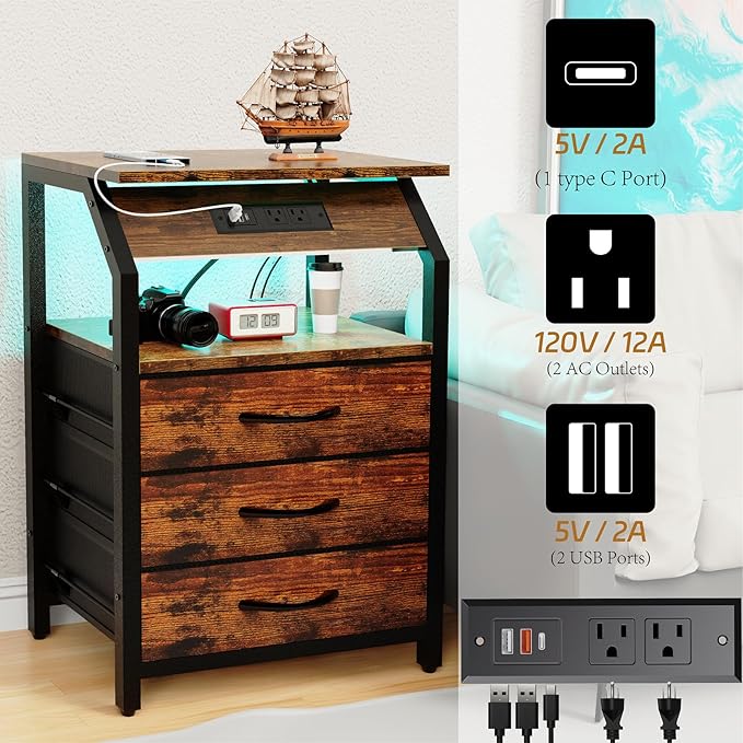 End Tables Set of 2, Nightstands with Charging Station and LED Lights, 3 Drawers Fabric Dresser, Storage Side Tables for Bedside, Living Room, Rustic Brown