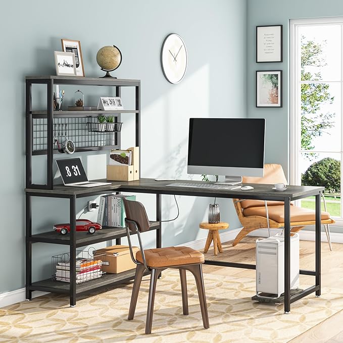 Tribesigns 55" Large Computer Desk with Wireless Charging 5 Storage Shelves, Office Desk Study Table Writing Desk Workstation with Hutch Bookshelf for Home Office(Gray)