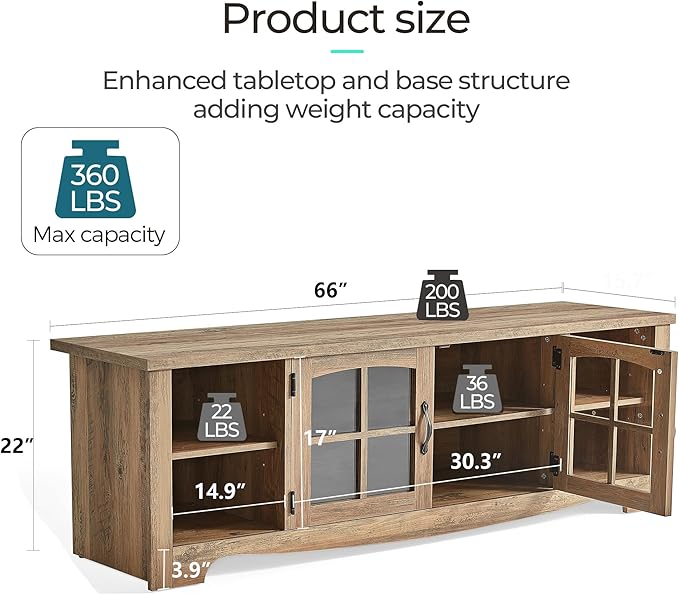 LINSY HOME TV Stand for 75 Inch TV, Modern Farmhouse Entertainment Center with Storage Cabinets and Glass Doors, Tall Media Console Table for Living Room, Bedroom, Large Long Television Stand, Brown