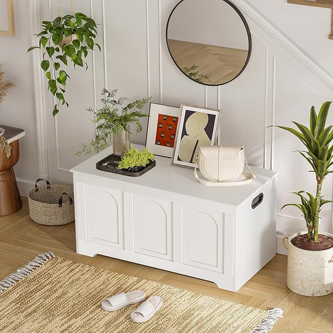 DINZI LVJ Storage Chest, 39.4”Wooden Storage Box with 2 Safety Hinges, Entryway Shoe Bench with Flip-Top, Trunk for Living Room, Bedroom, Easy Assembly, White