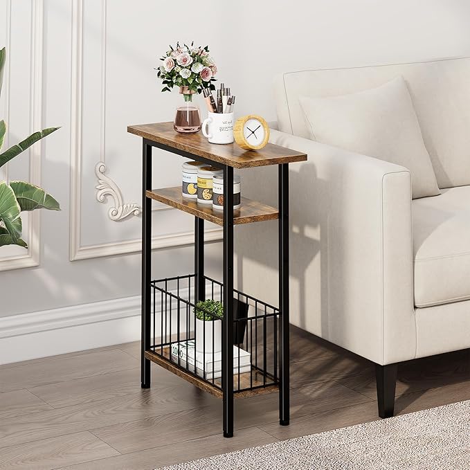 Vagusicc Narrow Side Table, 3-Tier Skinny End Table for Couch Sofa, Small Side Tables for Small Spaces, Bed Side Table with Storage, 25.2" Tall Slim Nightstand for Living Room, Bedroom, Rustic Brown
