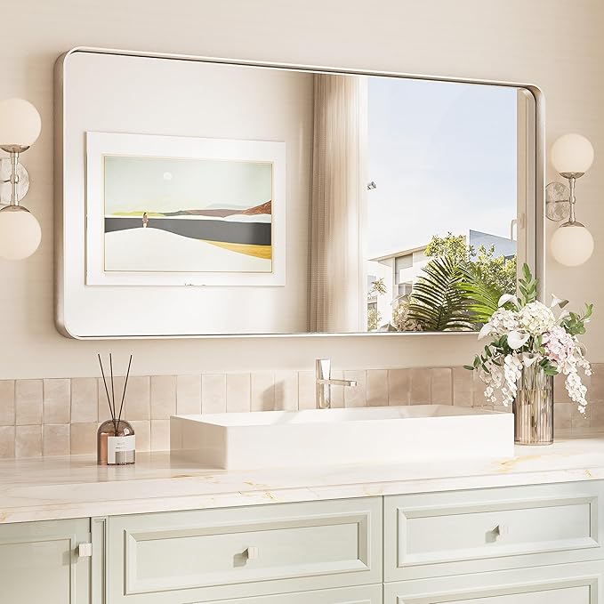 TokeShimi 48x24 Brushed Nickel Bathroom Wall Mirror Vanity Metal Frame Round Corner Rectangular for Home Decor Living Room Entryway