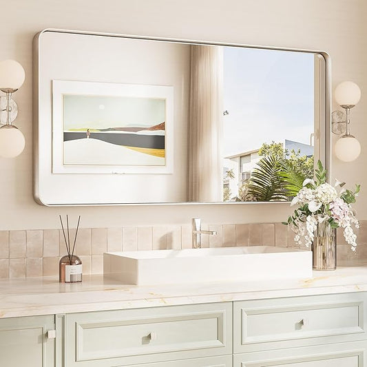 TokeShimi 48x24 Brushed Nickel Bathroom Wall Mirror Vanity Metal Frame Round Corner Rectangular for Home Decor Living Room Entryway