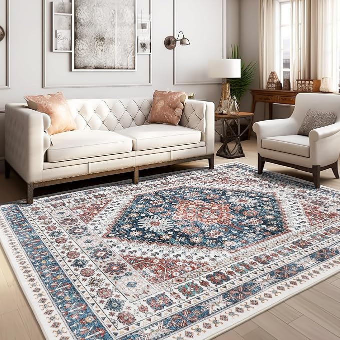 zesthome 9x12 Area Rugs,Stain Resistant Washable Rug,Ultra-Thin Rugs for Living Room,Bedroom,Non-Slip Backing Home Decor Large Area Rug (Navy Blue/Red,9'x12')