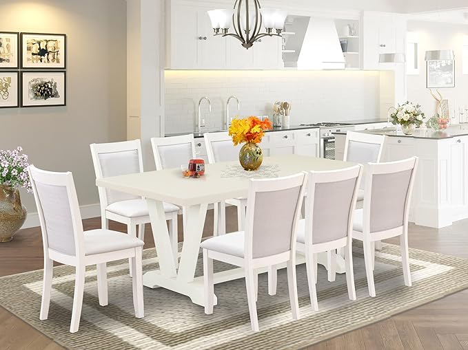 East West Furniture V027MZ001-9 9 Piece Modern Dining Table Set Includes a Rectangle Wooden Table with V-Legs and 8 Cream Linen Fabric Parsons Dining Chairs, 40x72 Inch, Multi-Color