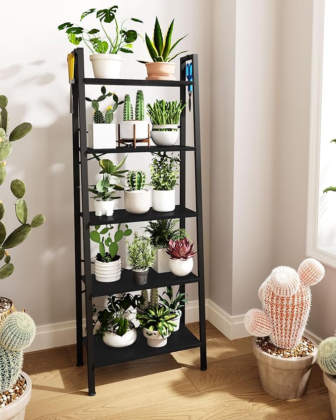 Ladder Shelf, Bookshelf Bookcase, Freestanding Corner Storage Shelve with 2 Hooks for Home Office, Living Room, Kitchen, Bedroom, Industrial, 5-Tier Black BC19304B