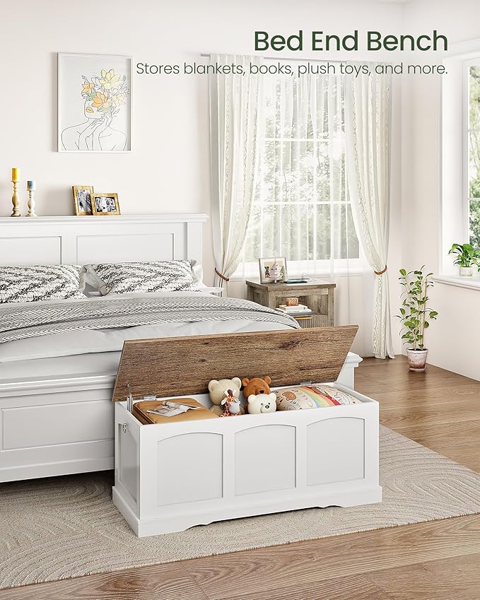 39.4" Storage Chest Bench with Lift Lid, Toy Chest with Safety Hinge, Entryway Shoe Bench, Wooden Storage Trunk, Holds up to 220 lb, for Living Room, Bedroom, Hall, White and Walnut MCW12WL