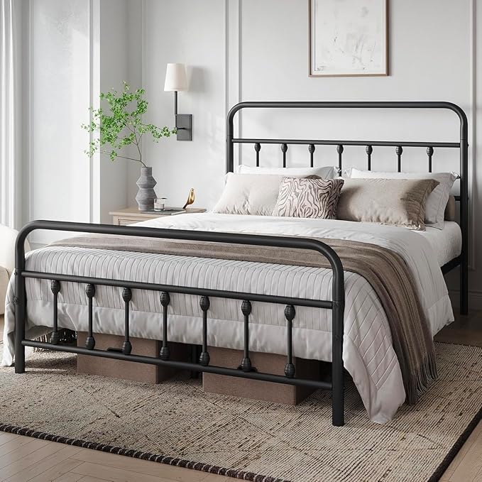 Queen Bed Frame-Classic Metal Platform Bed Frame Mattress Foundation with Victorian Style Iron-Art Headboard/Footboard/Under Bed Storage/No Box Spring Needed/Black