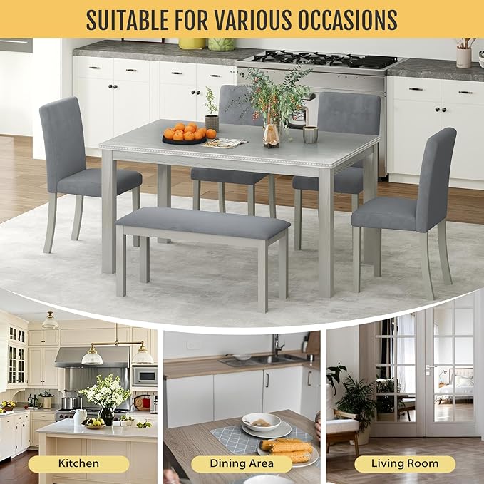 6-Piece Solid Wood Dining Table Set, Including 1 Dining Table, 4 Upholstered Chairs and 1 Bench, Wooden Dining Table Set with Crystal Decoration for Kitchen, Dining Room, Silver Grey