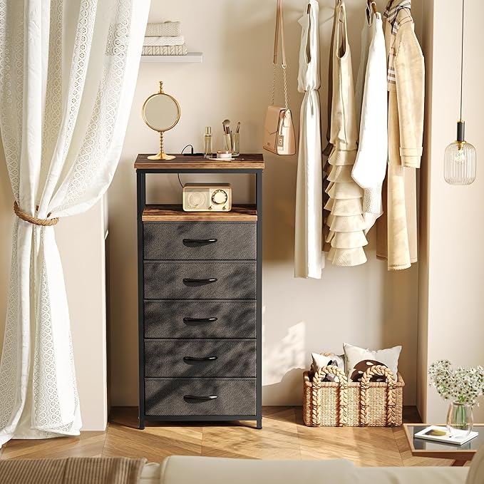 Huuger 5 Drawers Tall Dresser with Charging Station, Dresser for Bedroom, Tall Night Stand, Chest of Drawers with Open Shelf, Bedside Table Nightstand, Fabric, Rustic Brown and Black