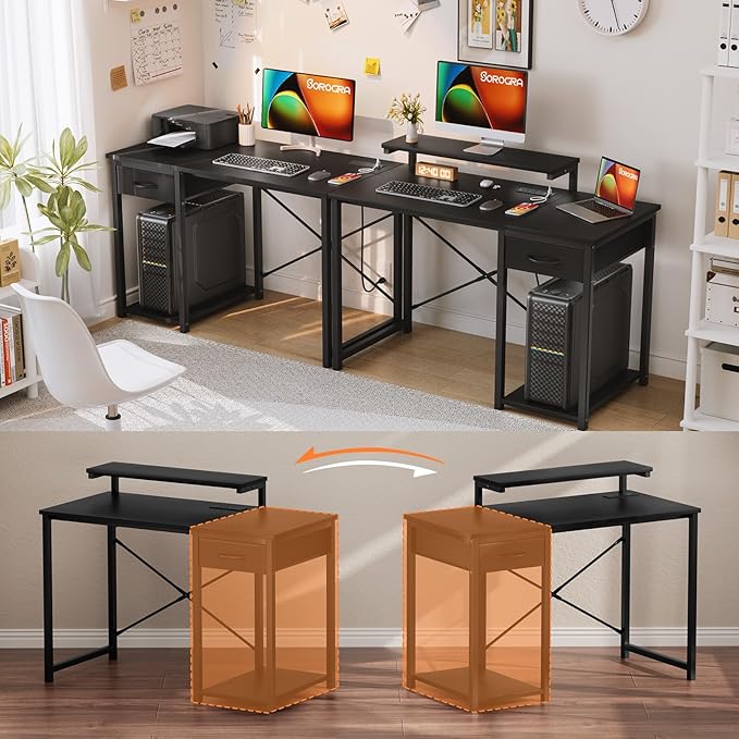 Computer Desk with Adjustable Monitor Stand, 47.2 in Small Desk with Reversible Storage Shelves, Office Desk with Spacious Desktop Spaces for Home Bedroom Workstation, Black