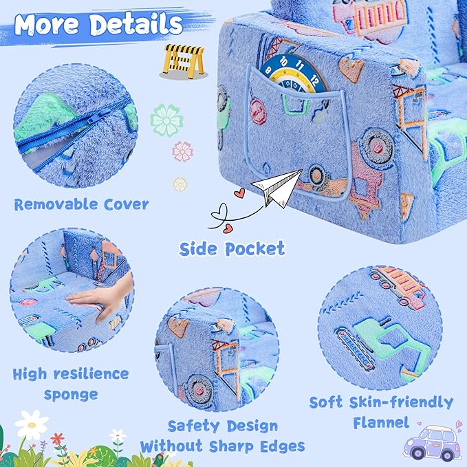 Toddler Chair Comfy,2-in-1 Soft Toddler Couch Fold Out for Kids,Convertible Sofa to Lounger,Gift for Girls and Boys Birthday,Truck